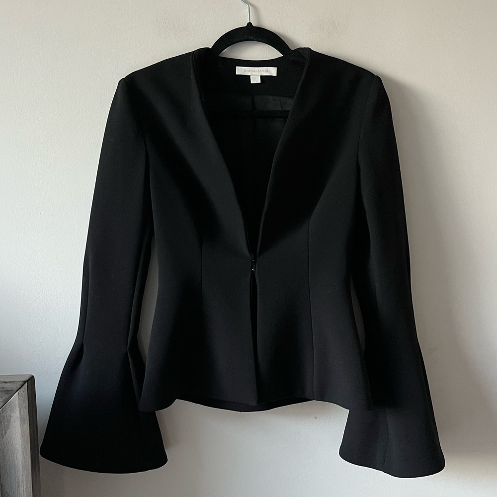 Jonathan Simkhai Black Wool Structured Blazer with Peplum Sleeves & Silk Lining